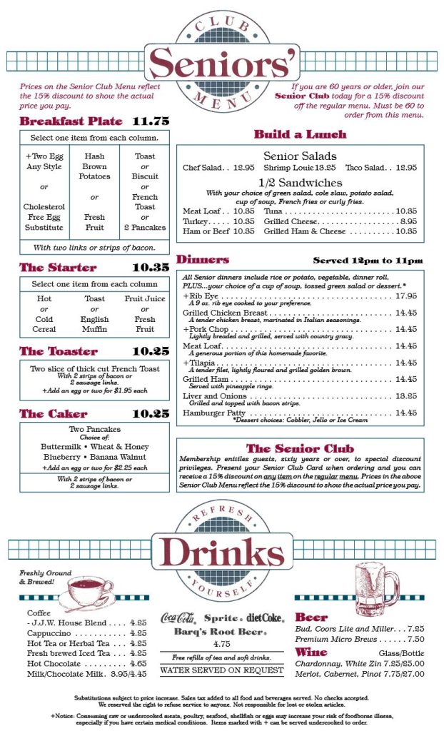 Seniors Menu at Jeffery's Restaurant - Santa Cruz, California